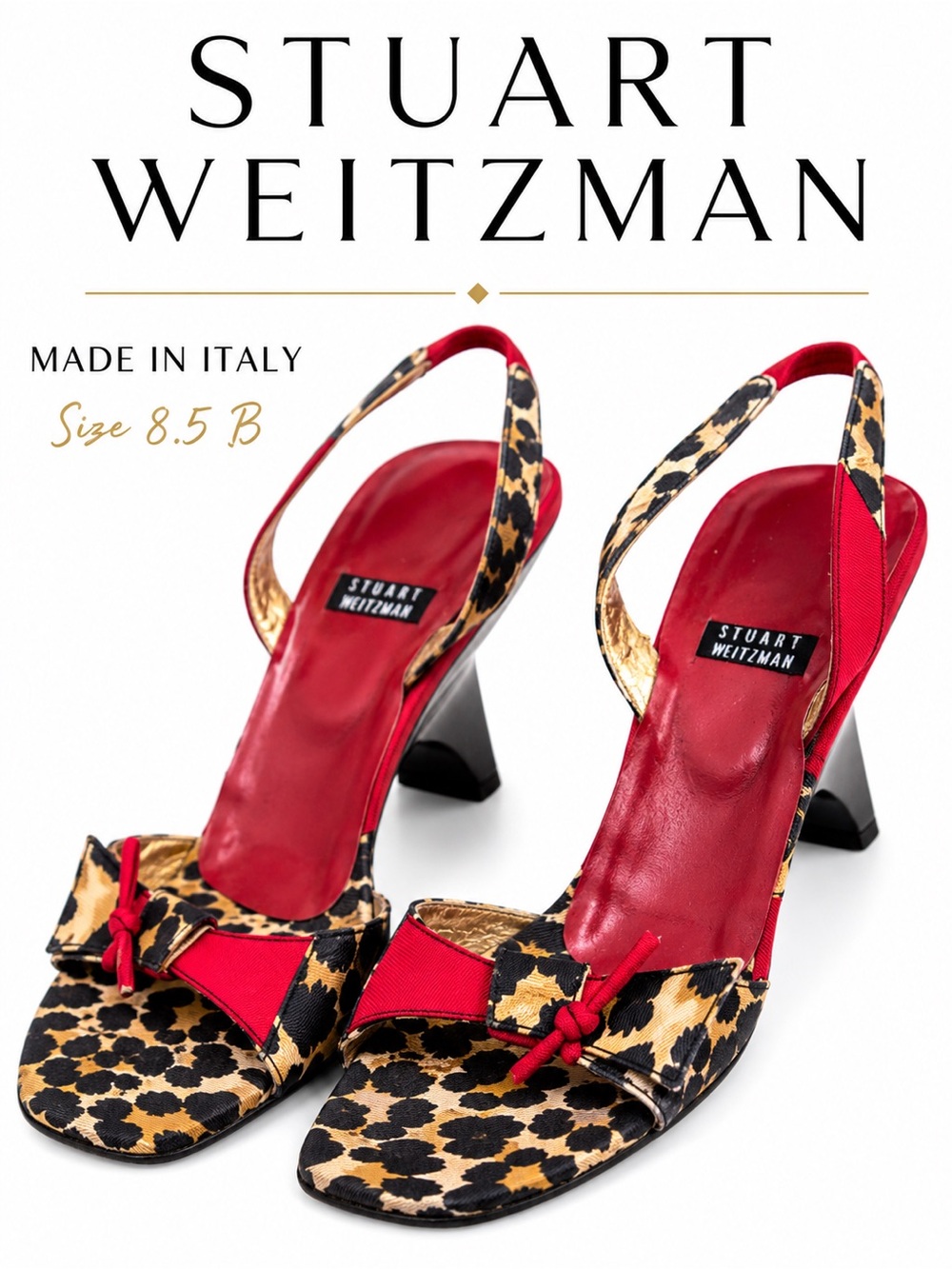Vtg Stuart Weitzman Leopard Print Slingback Heels Red Insole 8.5